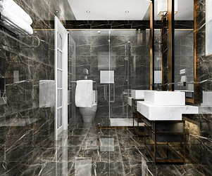 modern black bathroom with luxury marble slab & tile